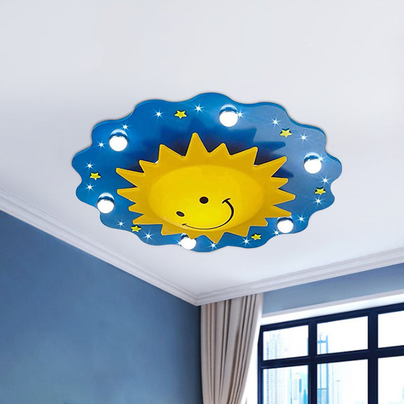 Blue Sun Flush Mount Lamp-Cartoon 7 Köpfe Holz-Flushmount Deckenbefestigung für Nursery