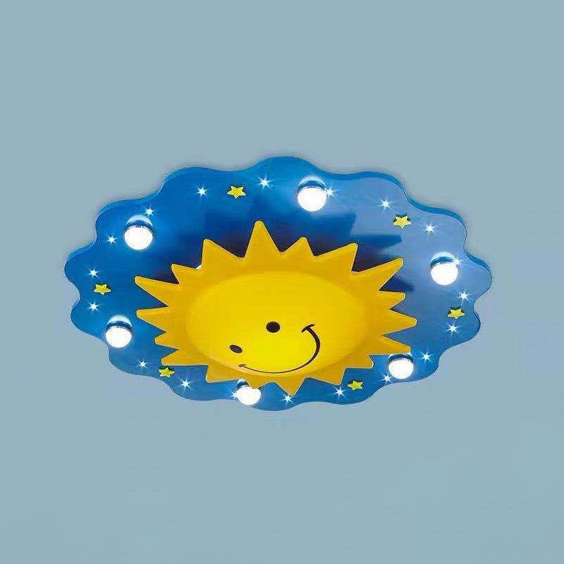Blue Sun Flush Mount Lamp-Cartoon 7 Köpfe Holz-Flushmount Deckenbefestigung für Nursery