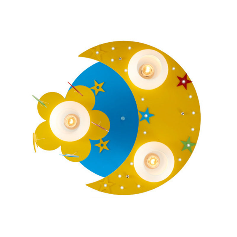 Wood Moon Flush Mount Lamp Kid 3 Bulbs Blue Flush Ceiling Light with Blown Glass Shade