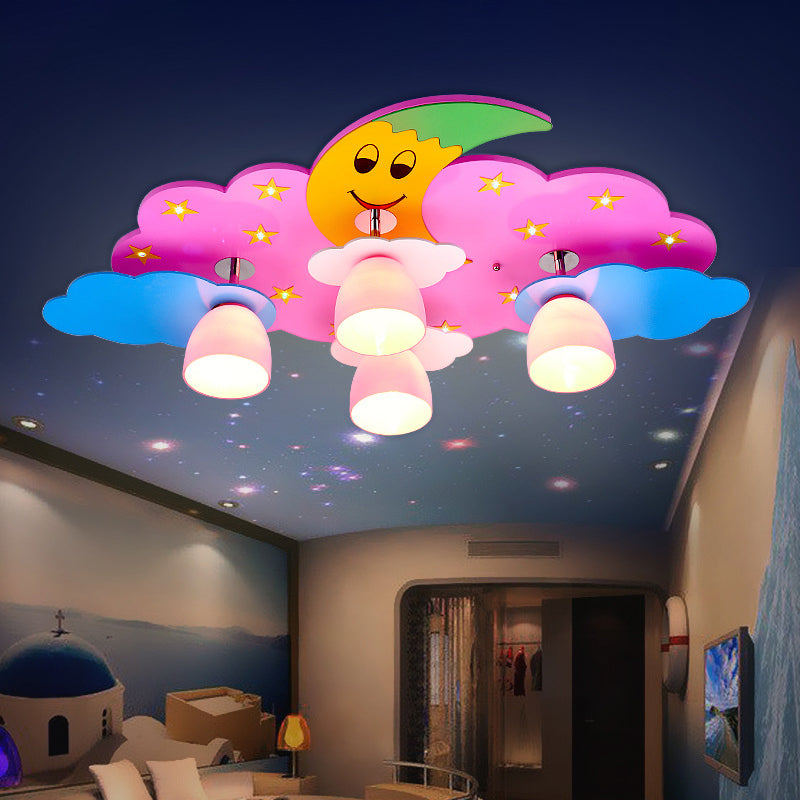 Cartoon-Mond- und Wolken-Unterputzleuchte aus hellem Holz, 4 Glühbirnen, Schlafzimmer-Unterputz-Deckenleuchte für Kinderzimmer