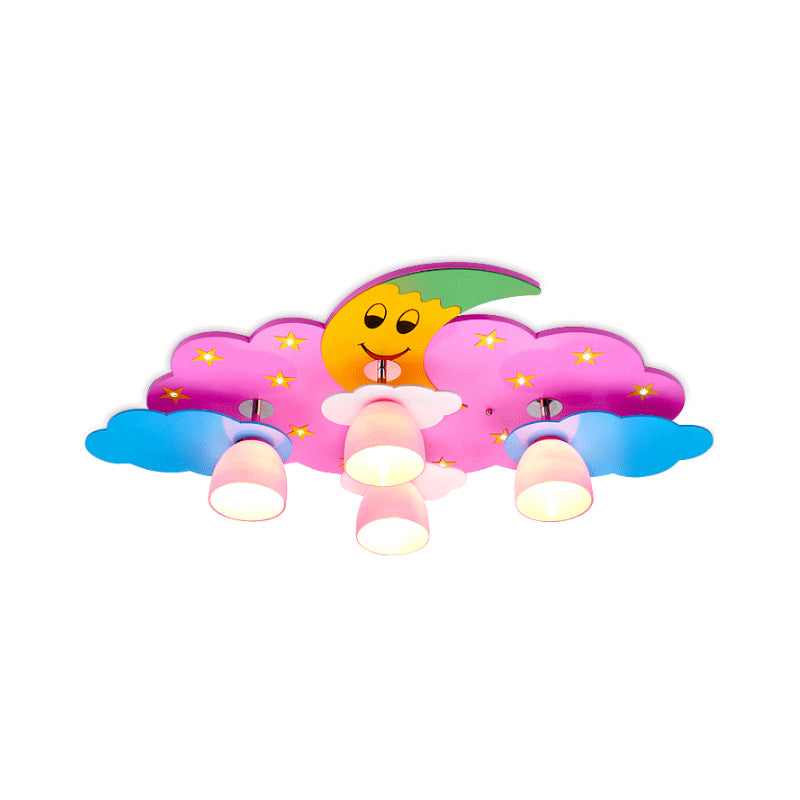 Cartoon-Mond- und Wolken-Unterputzleuchte aus hellem Holz, 4 Glühbirnen, Schlafzimmer-Unterputz-Deckenleuchte für Kinderzimmer
