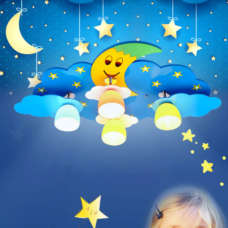 Cartoon-Mond- und Wolken-Unterputzleuchte aus hellem Holz, 4 Glühbirnen, Schlafzimmer-Unterputz-Deckenleuchte für Kinderzimmer