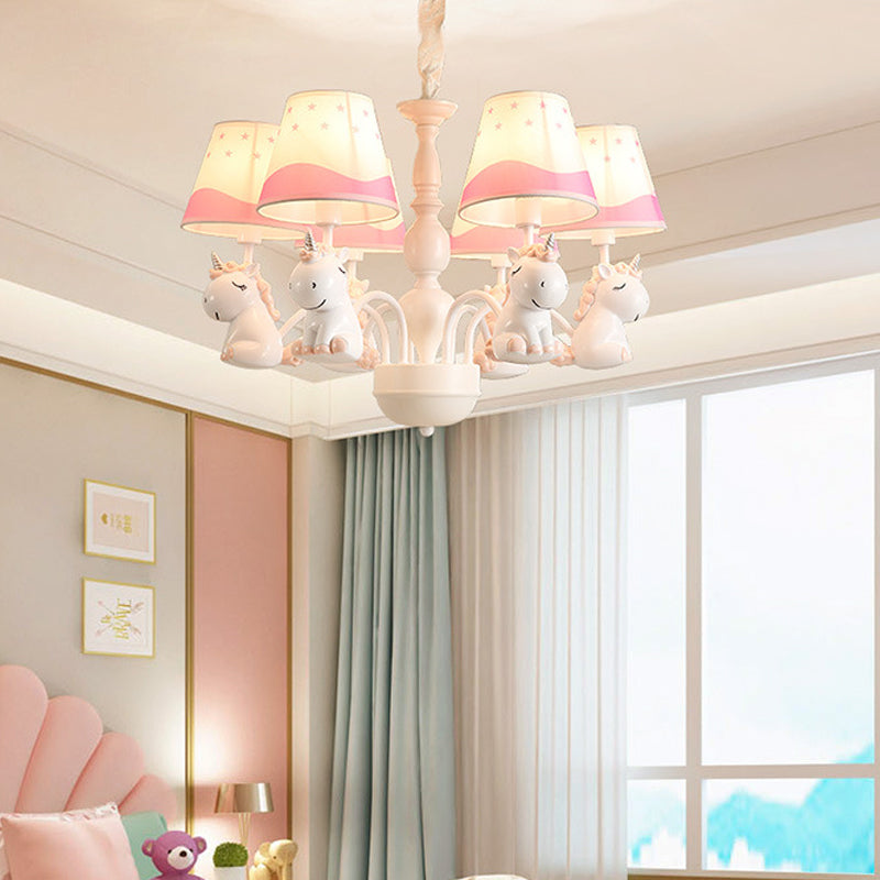 Unicorn Chandelier Lamp Cartoon Resin 5 Bulbs Nursery Hanging Light with Empire Fabric Shade