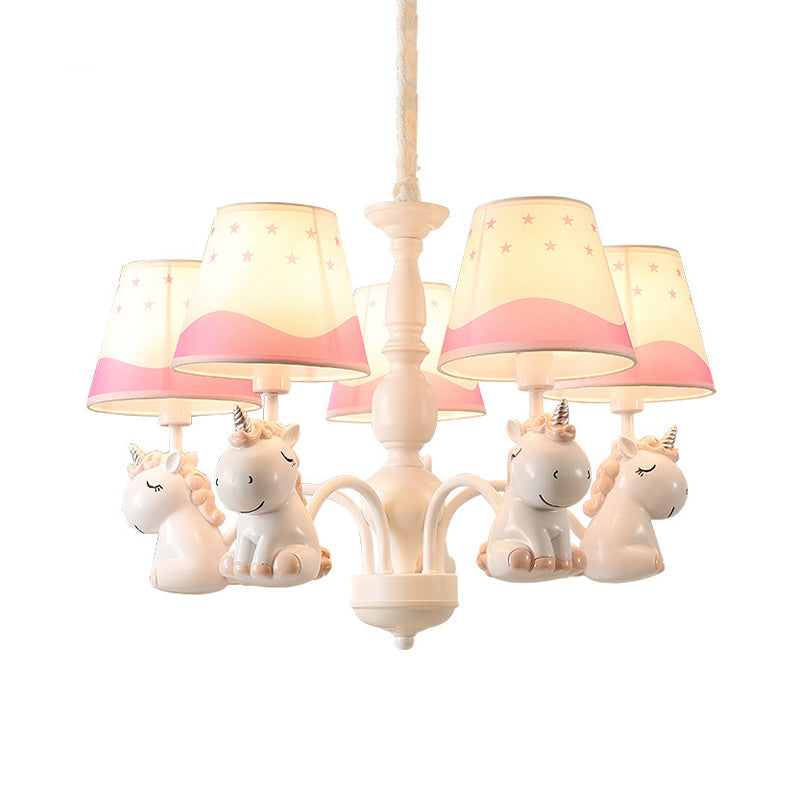 Unicorn Chandelier Lamp Cartoon Resin 5 Bulbs Nursery Hanging Light with Empire Fabric Shade