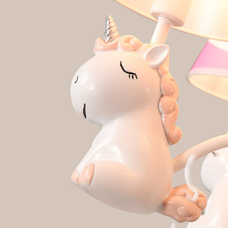 Unicorn Chandelier Lamp Cartoon Resin 5 Bulbs Nursery Hanging Light with Empire Fabric Shade