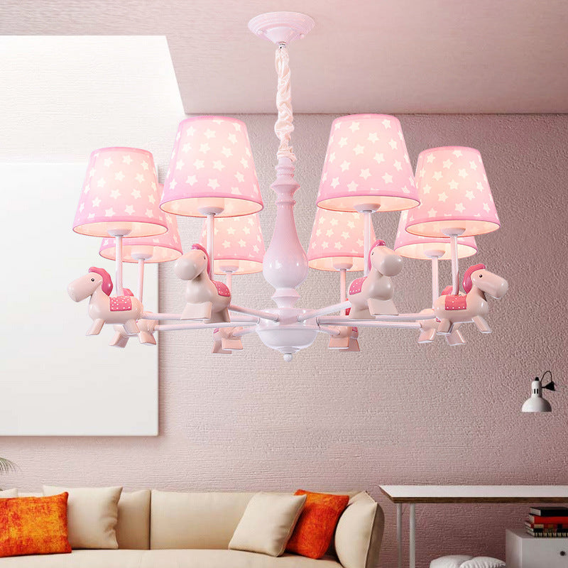 Pink Tapered Shade Chandelier Kid Fabric Down Lighting Pendant with Horse Figurine