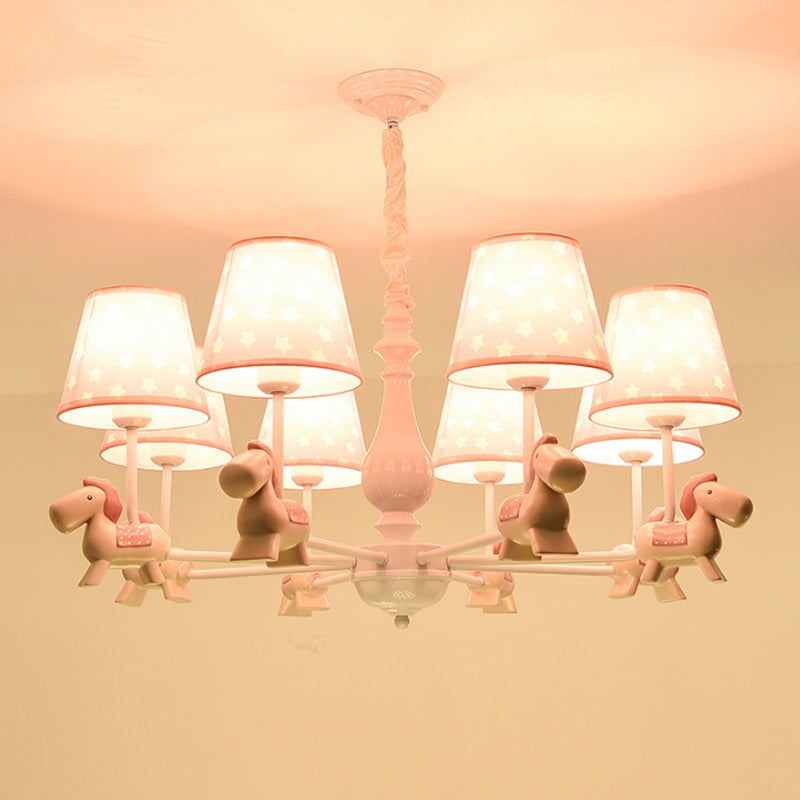 Pink Tapered Shade Chandelier Kid Fabric Down Lighting Pendant with Horse Figurine