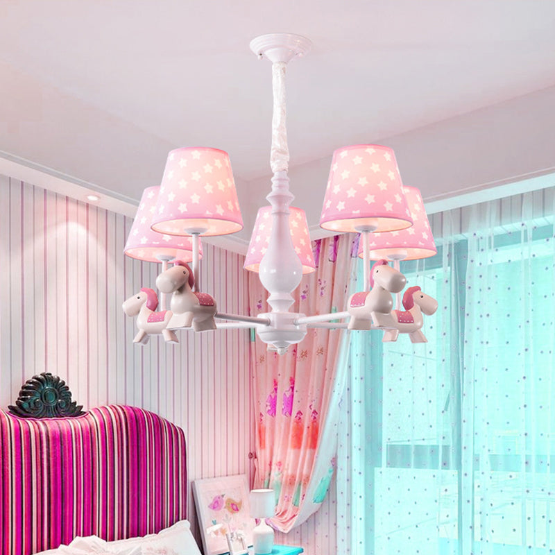 Pink Tapered Shade Chandelier Kid Fabric Down Lighting Pendant with Horse Figurine