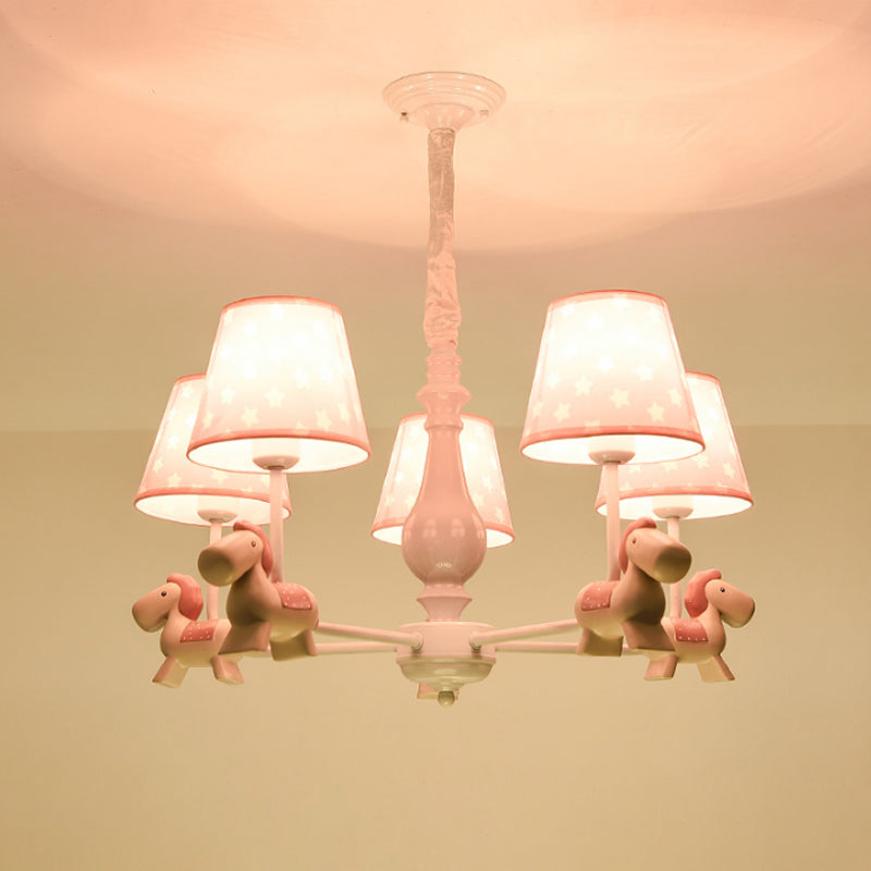 Pink Tapered Shade Chandelier Kid Fabric Down Lighting Pendant with Horse Figurine