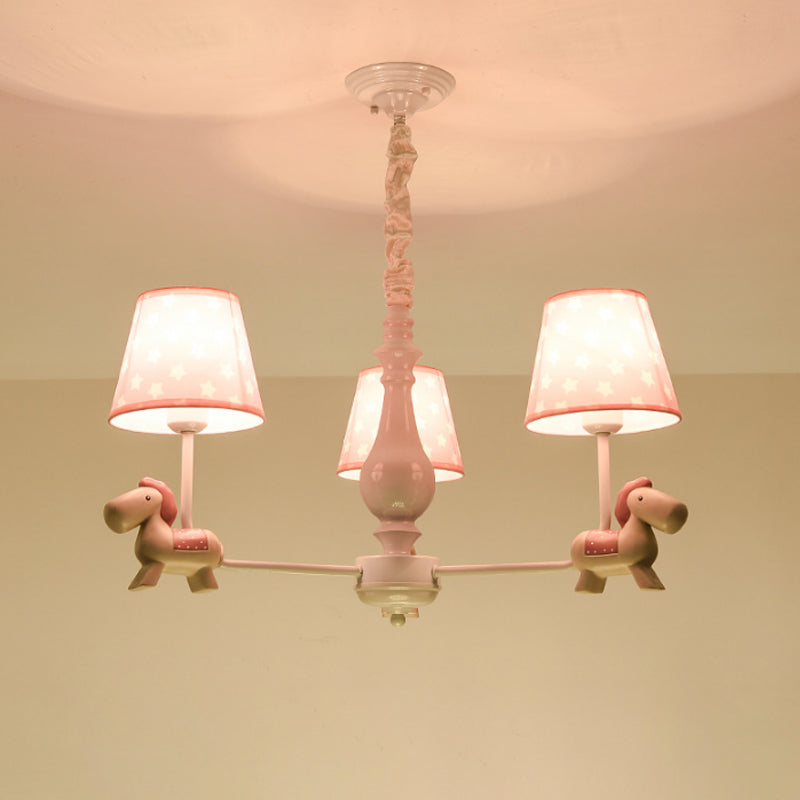 Pink Tapered Shade Chandelier Kid Fabric Down Lighting Pendant with Horse Figurine