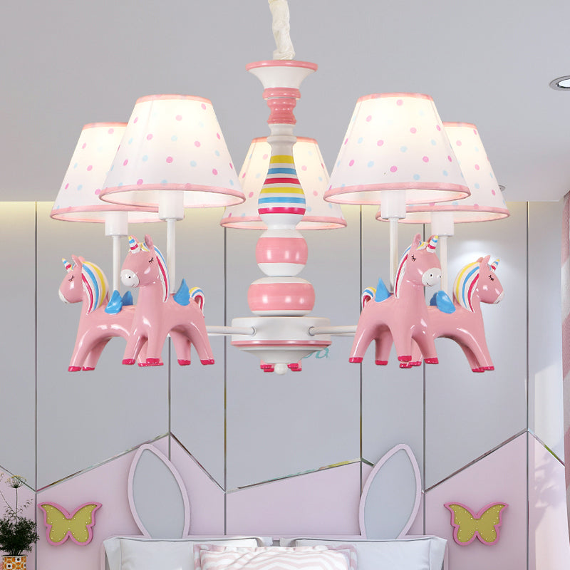 Resin Rainbow Unicorn Chandelier Light Cartoon Pink Ceiling Pendant with Tapered Fabric Shade for Nursery