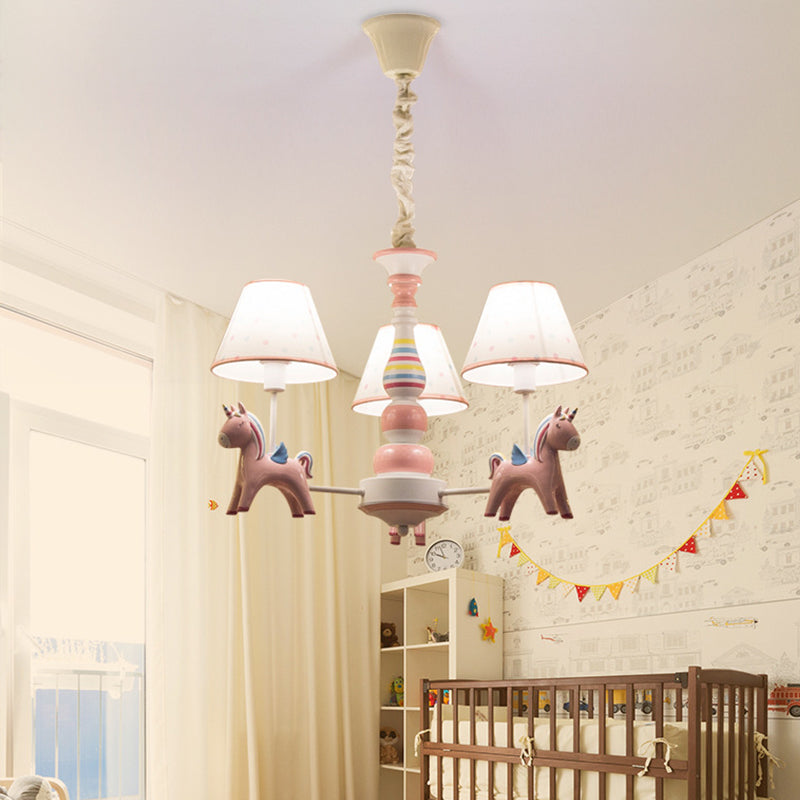 Resin Rainbow Unicorn Chandelier Light Cartoon Pink Ceiling Pendant with Tapered Fabric Shade for Nursery