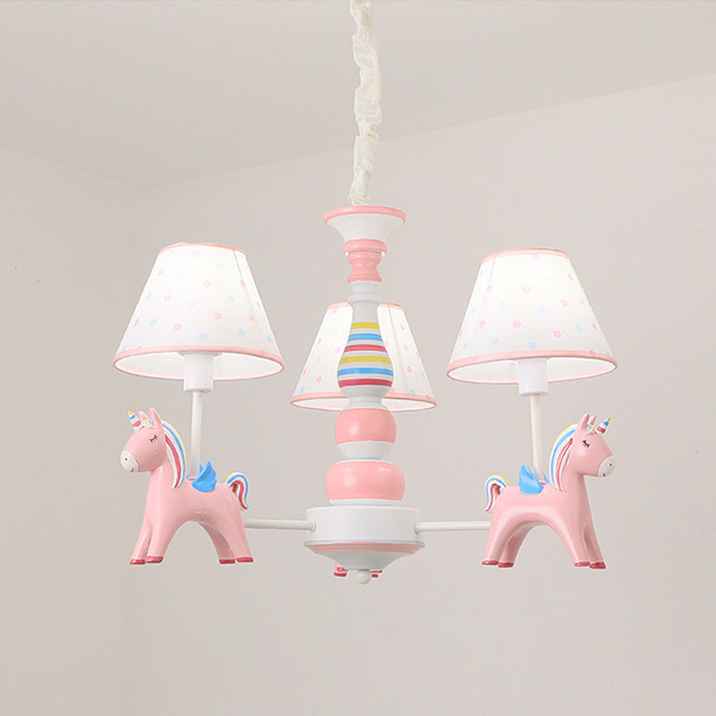 Resin Rainbow Unicorn Chandelier Light Cartoon Pink Ceiling Pendant with Tapered Fabric Shade for Nursery