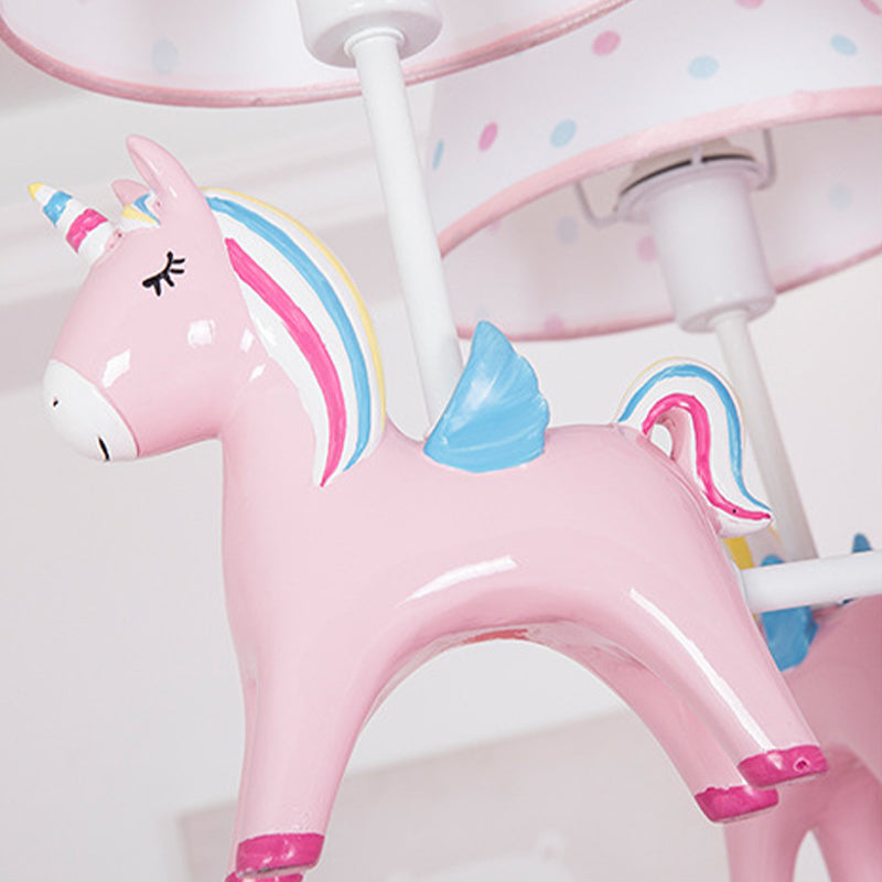 Resin Rainbow Unicorn Chandelier Light Cartoon Pink Ceiling Pendant with Tapered Fabric Shade for Nursery