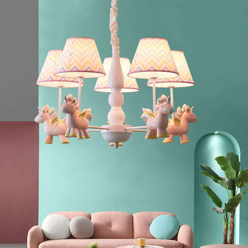 Tapered Shade Chandelier Kid Fabric 5 Bulbs Pink Pendant Light Fixture with Unicorn Figurine