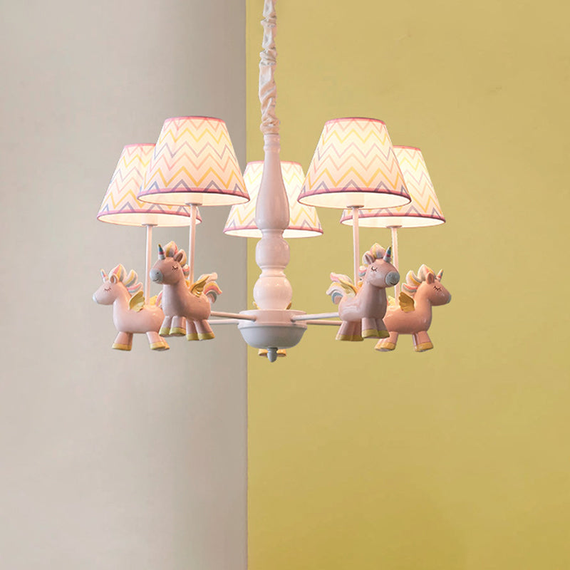 Tapered Shade Chandelier Kid Fabric 5 Bulbs Pink Pendant Light Fixture with Unicorn Figurine