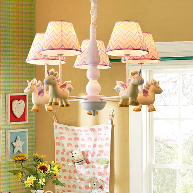 Tapered Shade Chandelier Kid Fabric 5 Bulbs Pink Pendant Light Fixture with Unicorn Figurine