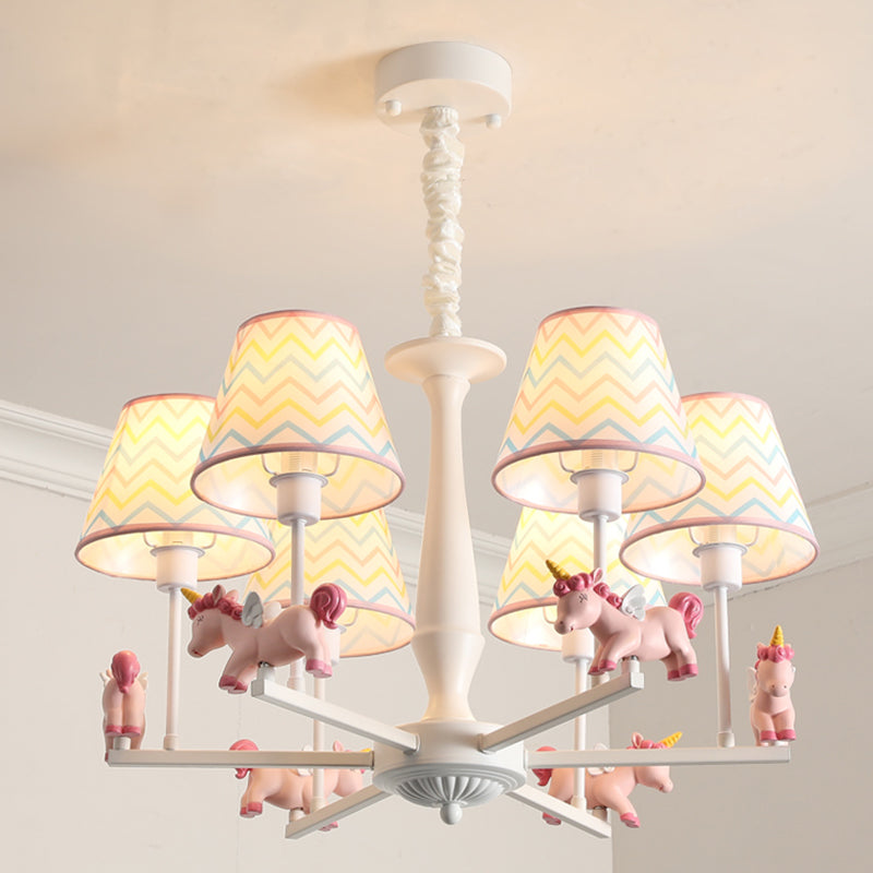 Unicorn Resin Suspension Lighting Cartoon Pink Chandelier Light Fixture with Empire Fabric Shade