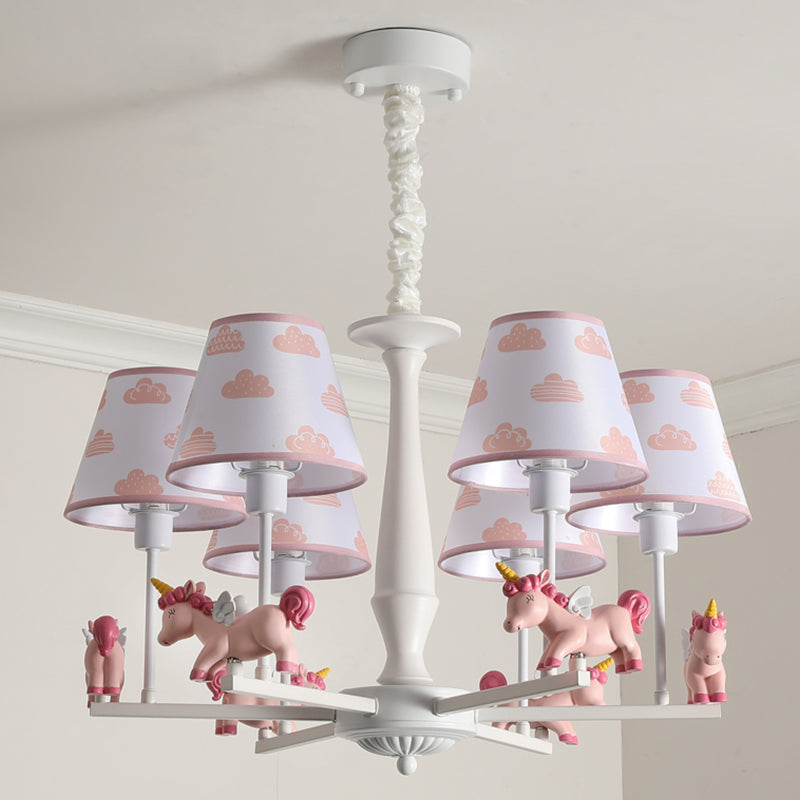 Unicorn Resin Suspension Lighting Cartoon Pink Chandelier Light Fixture with Empire Fabric Shade