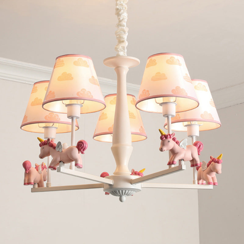 Unicorn Resin Suspension Lighting Cartoon Pink Chandelier Light Fixture with Empire Fabric Shade