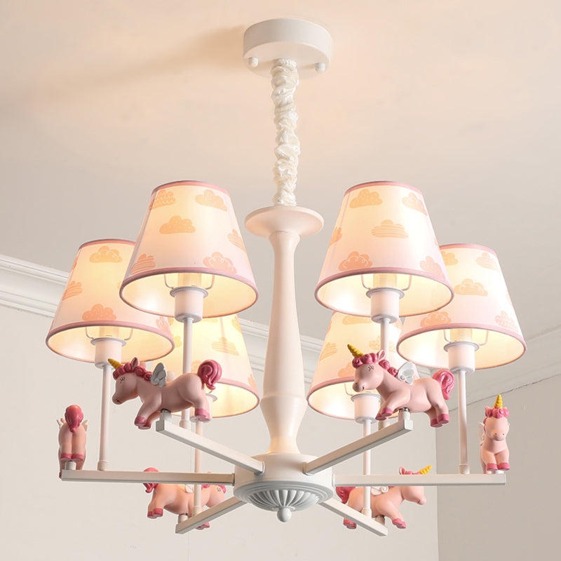 Pink Empire Shade Chandelier Light Kid Fabric Hanging Ceiling Light with Unicorn Decor
