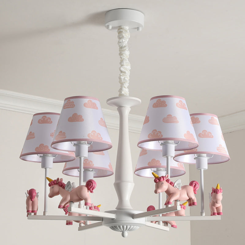 Pink Empire Shade Chandelier Light Kid Fabric Hanging Ceiling Light with Unicorn Decor