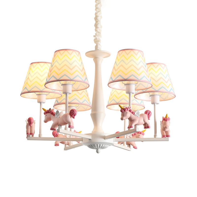 Pink Empire Shade Chandelier Light Kid Fabric Hanging Ceiling Light with Unicorn Decor