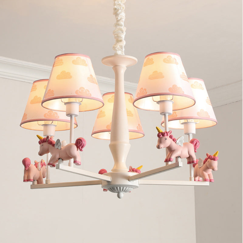 Pink Empire Shade Chandelier Light Kid Fabric Hanging Ceiling Light with Unicorn Decor