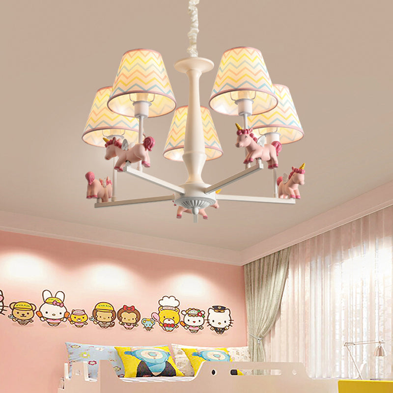 Pink Empire Shade Chandelier Light Kid Fabric Hanging Ceiling Light with Unicorn Decor