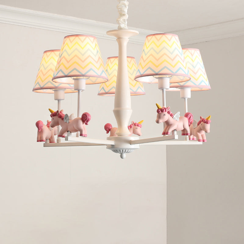 Pink Empire Shade Chandelier Light Kid Fabric Hanging Ceiling Light with Unicorn Decor