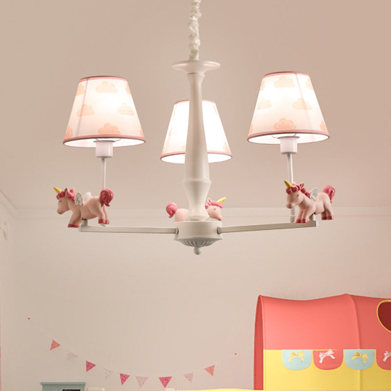 Pink Empire Shade Chandelier Light Kid Fabric Hanging Ceiling Light with Unicorn Decor