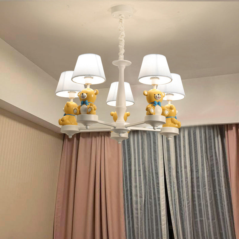 Pleated Shade Ceiling Pendant Cartoon Fabric White Chandelier Light with Bear Figurine for Child Room