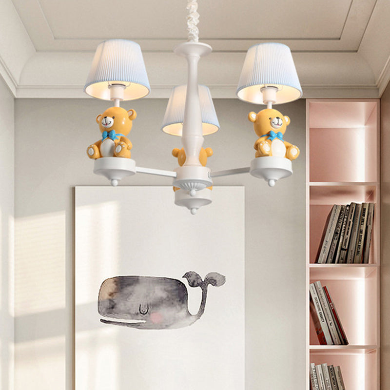 Pleated Shade Ceiling Pendant Cartoon Fabric White Chandelier Light with Bear Figurine for Child Room