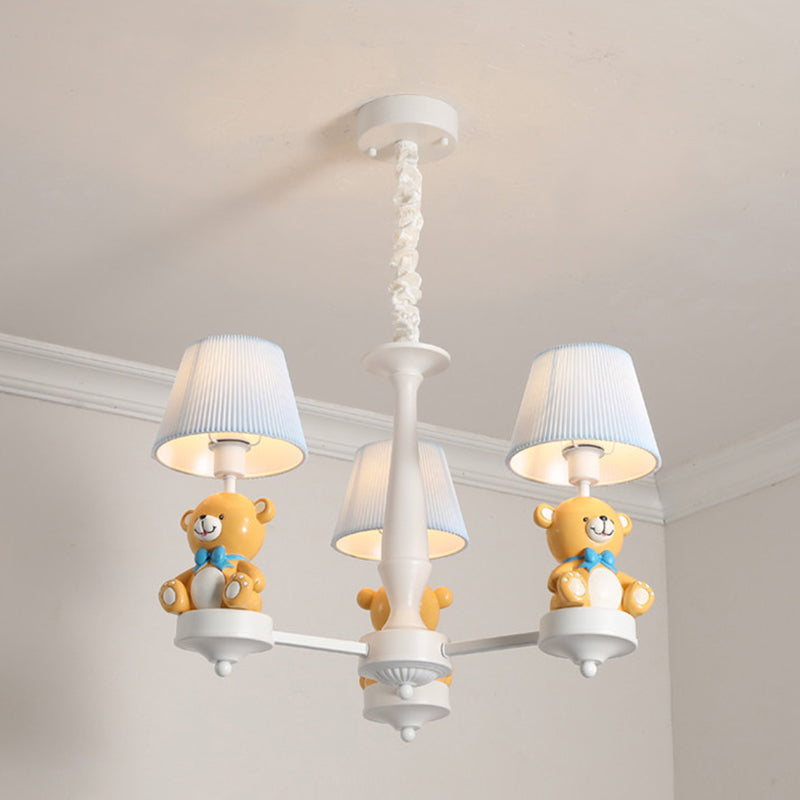Pleated Shade Ceiling Pendant Cartoon Fabric White Chandelier Light with Bear Figurine for Child Room