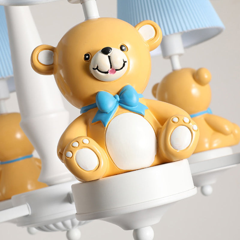 Pleated Shade Ceiling Pendant Cartoon Fabric White Chandelier Light with Bear Figurine for Child Room