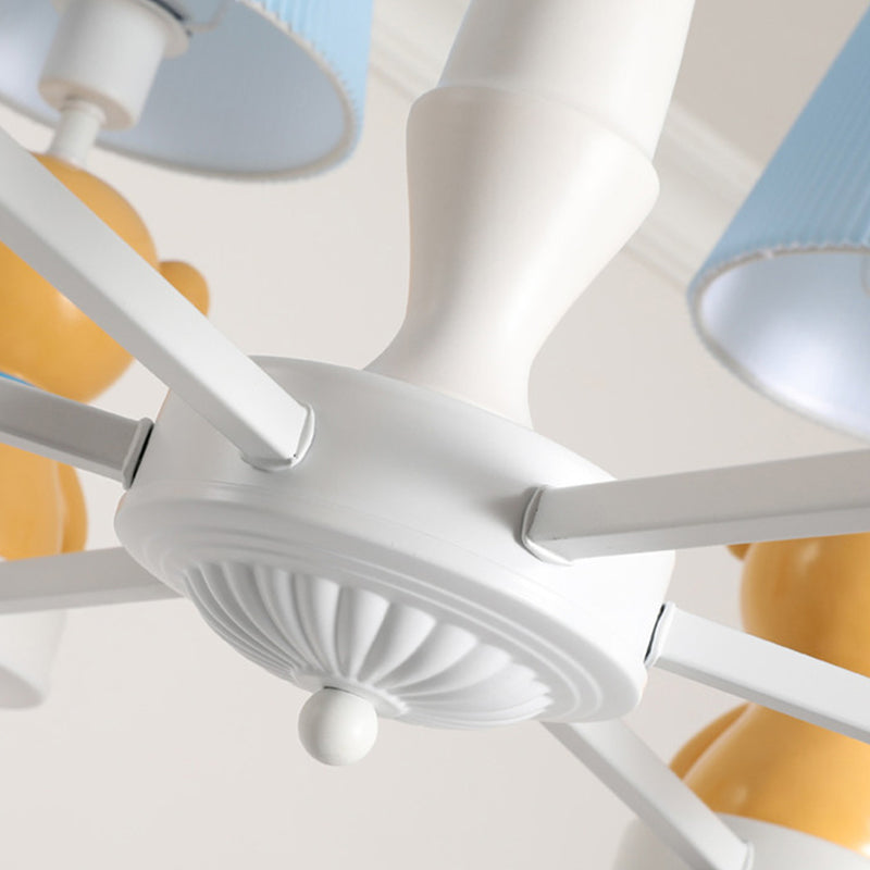 Pleated Shade Ceiling Pendant Cartoon Fabric White Chandelier Light with Bear Figurine for Child Room
