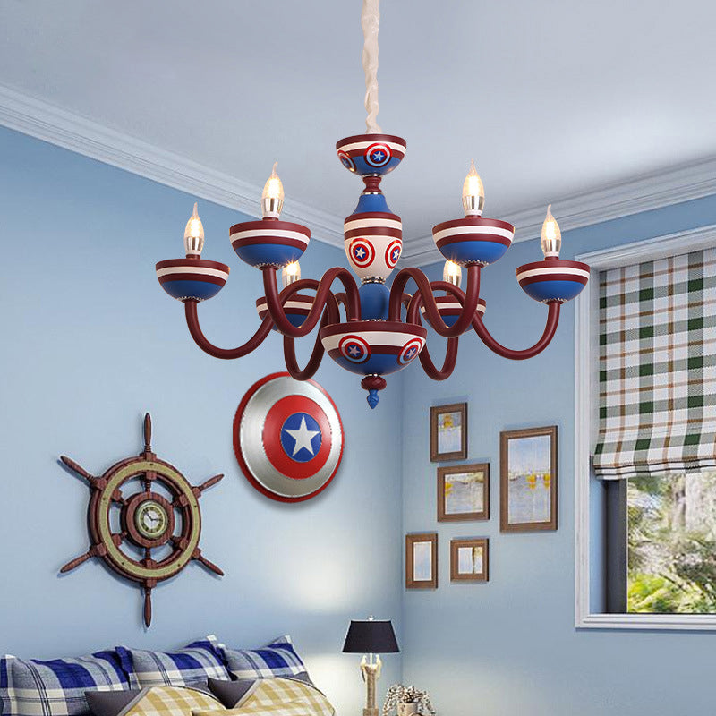 Cartoon Curved Arm Ceiling Lamp Metal Nursery Chandelier Light in Red and Blue for Child Room