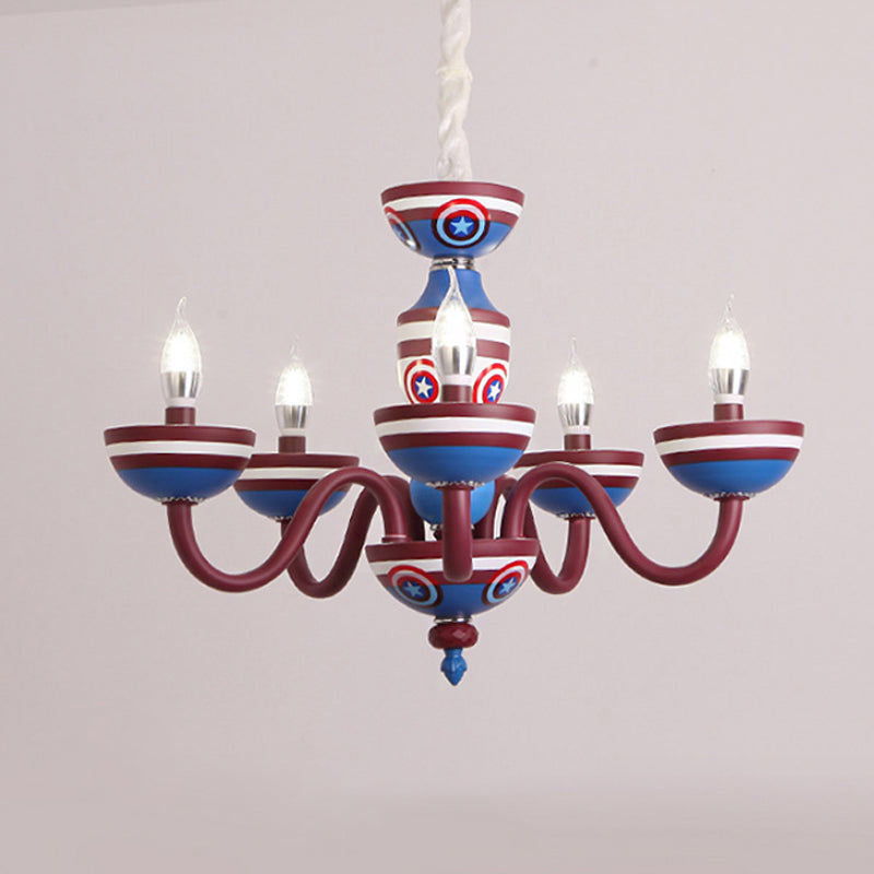 Cartoon Curved Arm Ceiling Lamp Metal Nursery Chandelier Light in Red and Blue for Child Room