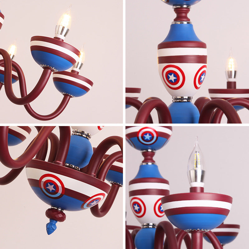 Cartoon Curved Arm Ceiling Lamp Metal Nursery Chandelier Light in Red and Blue for Child Room