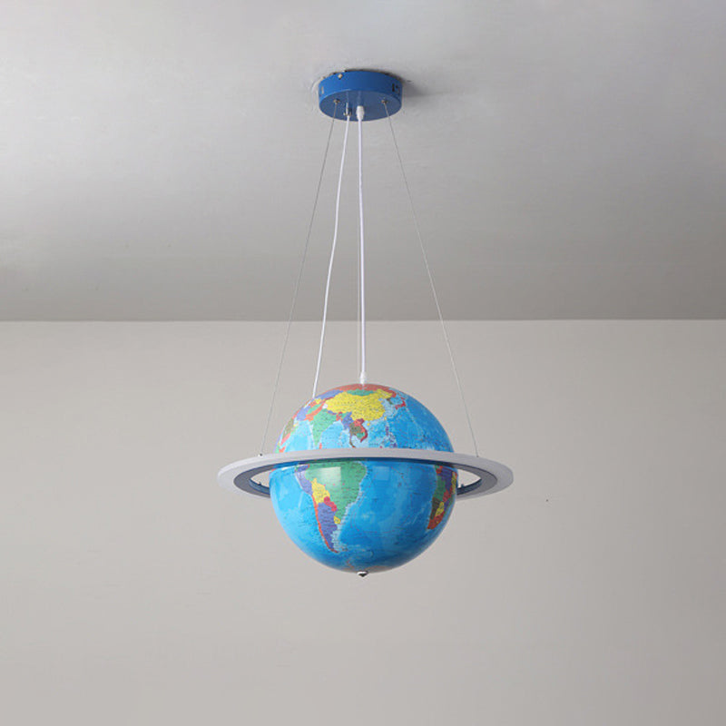 Blue Terrestrial Globe Chandelier Creative LED Acrylic Hanging Pendant with Ring for Nursery