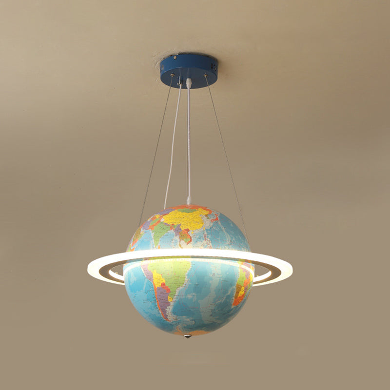 Blue Terrestrial Globe Chandelier Creative LED Acrylic Hanging Pendant with Ring for Nursery