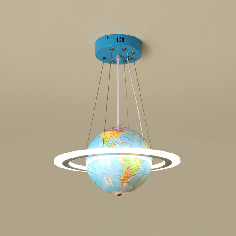 Blue Terrestrial Globe Chandelier Creative LED Acrylic Hanging Pendant with Ring for Nursery