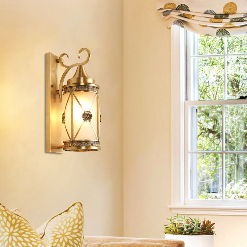 Gold Lantern Sconce Light Traditional 1 Head Metal Wall Lighting Fixture for Hallway
