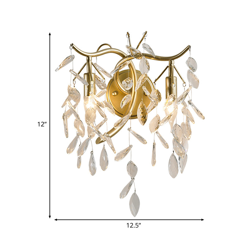 Gold Candle Sconce Light Vintage Metal 2 Lights Living Room Wall Mounted Light with Leaf Crystal Strand