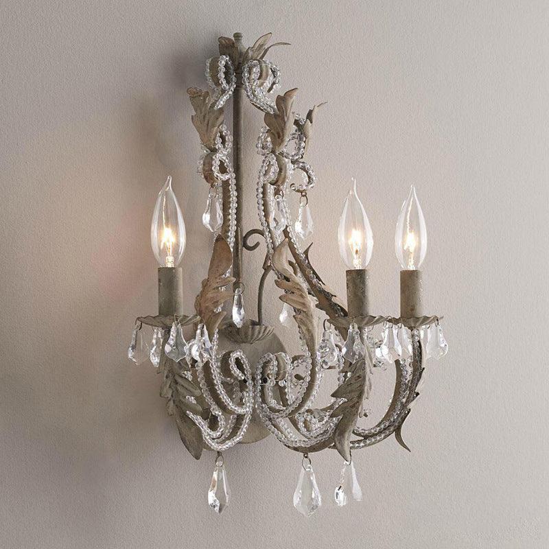 Rustic Curved Arm Wall Mount Light 3 Lights Grey/White/Distressed White Metal Sconce Light with Crystal Accent