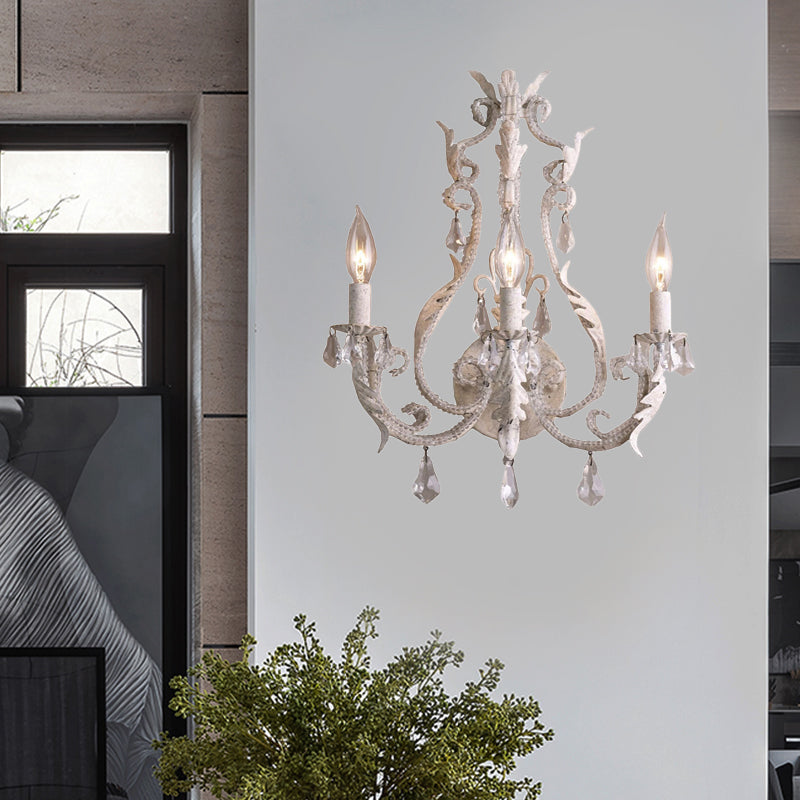 Rustic Curved Arm Wall Mount Light 3 Lights Grey/White/Distressed White Metal Sconce Light with Crystal Accent