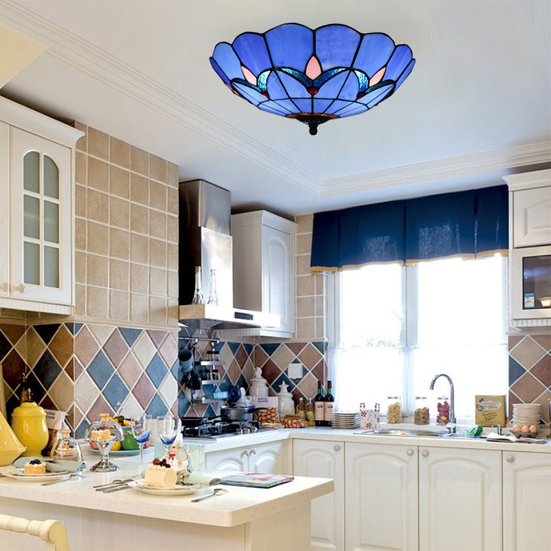 10"/12"/16"/19.5" W Bedroom Ceiling Lights Tiffany Dome Flush Mount Light Fixture in Blue with Jewel Decoration