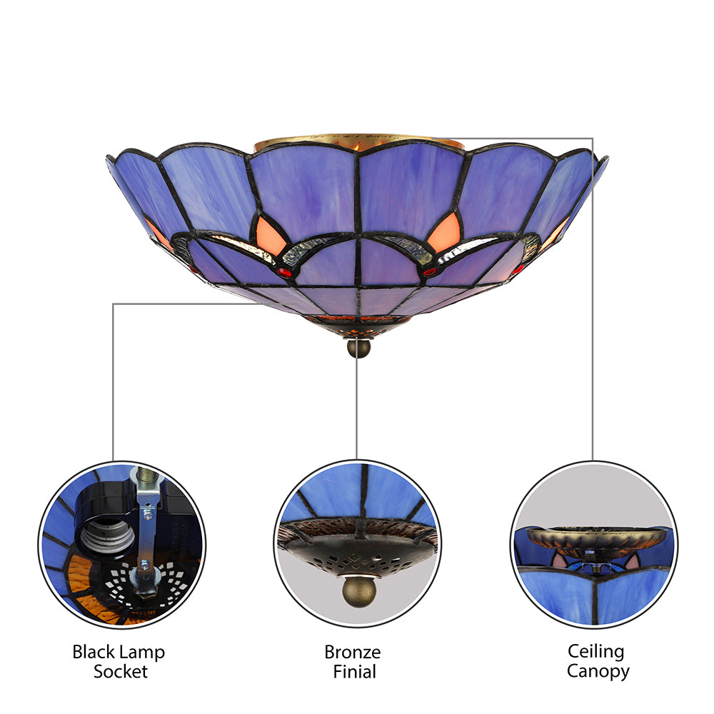10"/12"/16"/19.5" W Bedroom Ceiling Lights Tiffany Dome Flush Mount Light Fixture in Blue with Jewel Decoration