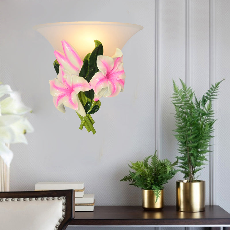 Frosted Glass Flared Wall Light Rustic 1 Light Living Room Wall Mounted Light with Pink Flower Decoration