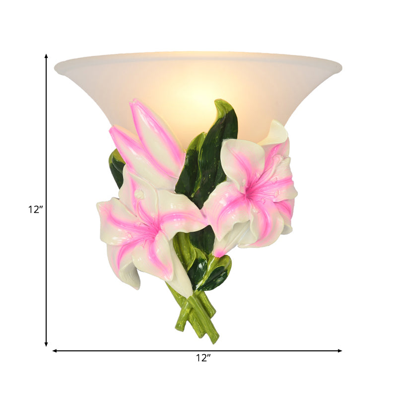 Frosted Glass Flared Wall Light Rustic 1 Light Living Room Wall Mounted Light with Pink Flower Decoration
